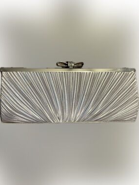 Charming Charlie Silver Pearl Textured Fan Fold Crystal Gems Bow Top Clutch